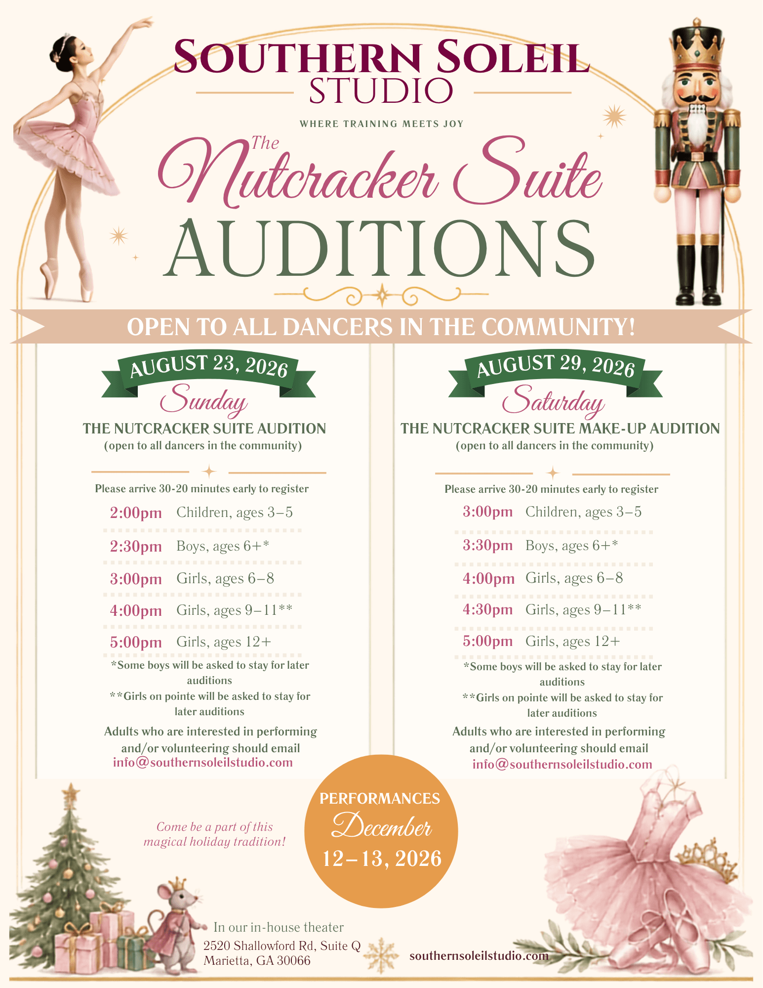 The Nutcracker Suite Auditions — Southern Soleil Studio, August 23 & 29, 2026